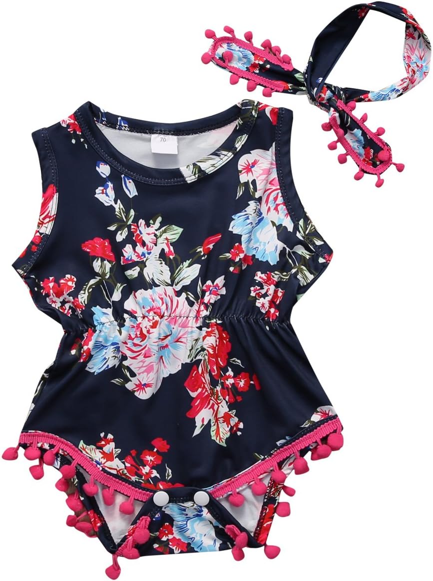 Baby-Girls Floral Outfit Romper Clothes Sleeveless Tassel Bodysuit + Headband
