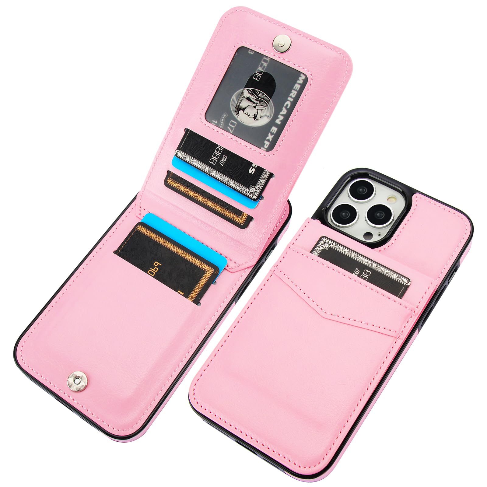 KIHUWEY Compatible with iPhone 13 Pro Max Case Wallet with Credit Card Holder, Premium Leather Magnetic Clasp Kickstand Heavy Duty Protective Cover for iPhone 13 Pro Max 6.7 Inch (Pink)
