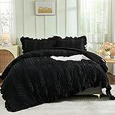 WONGS BEDDING Black Comforter Set King,3 Pieces Ruffle Farmhouse Shabby Chic Boho Comforter for King Bed,Soft Textured Bedding Set with 1 Ruffle Comforter,2 Tufted Pillowcases 104"×90"