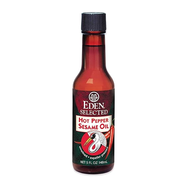 EDEN HOT PEPPER TOASTED SESAME CHILI OIL, UNREFINED EXPELLER PRESSED, 5 OZ AMBER GLASS BOTTLE
