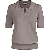 Kate Kasin Women Short Sleeve Polo Sweater V Neck Knitted Tops Casual Ribbed Shirt Loose Pullover Sweater
