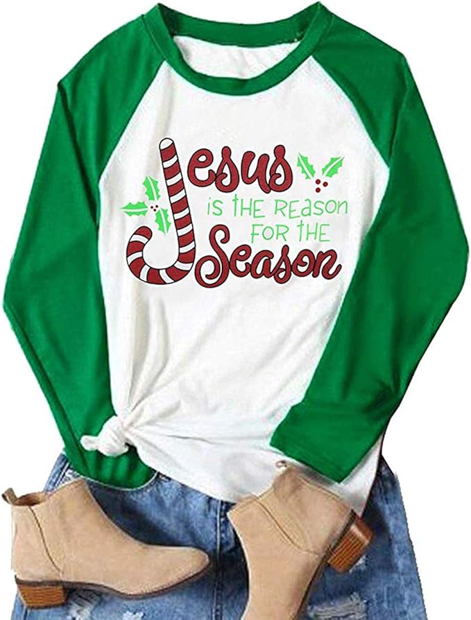 Jesus is The Reason for The Season Shirts Plus Size 3/4 Sleeve Graphic