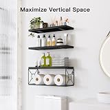 Pipishell Floating Shelves with Wire Storage Basket Black 3+1 Set Paulownia Wood view 2