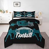 Erosebridal Full Size American Football Bedding Set, Rugby Helmet Comforter Set for Kids Boys Teens Bedroom, Football City Quilt Sports Ball Game Down Comforter, Mint Turquoise Black