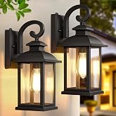 SNRU Dusk to Dawn Outdoor Porch Lights Wall Mount 2-Pack, Matte Black | Auto On/Off, Waterproof Die-Cast Aluminum, Quick &amp; Easy Installation, Thick Tempered Glass, Outdoor Lights for Garage House