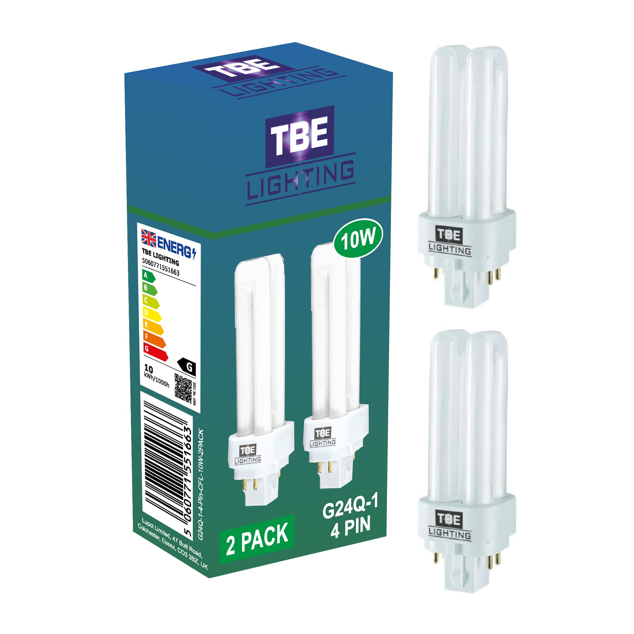 TBE LIGHTING 10w G24Q-1 4-Pin CFL Lamp - Pack of 2 units - Cool White 4000K, 600 Lumen / Double Turn CFL Compact Fluorescent Light