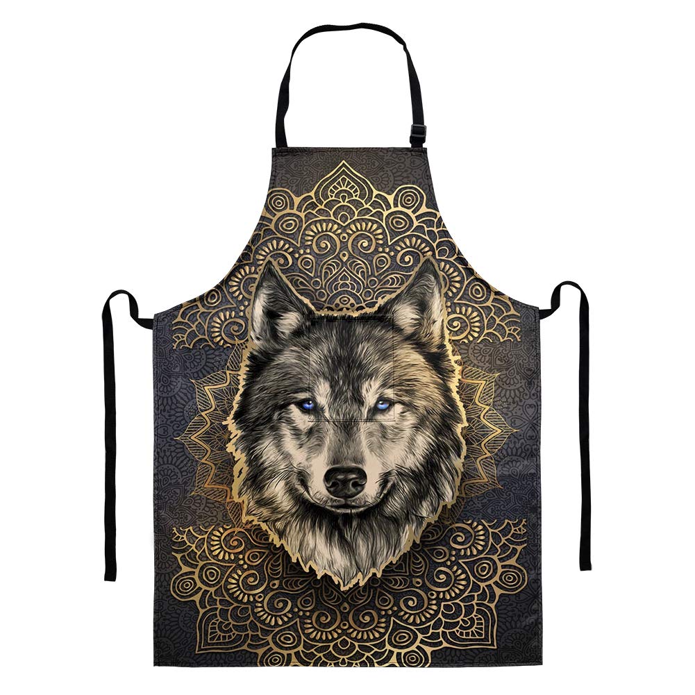 HUGS IDEA Fashion Mandala Wolf Cool Animal Art Lengthen Cooking Apron, BBQ Bib Apron for Women Men, Adjustable Neck Strap with Pocket, Polyester Professional Quality