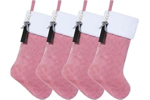 Shgngle Pink Velvet Quilted Personalized Christmas Stocking,19.5 Inch Fireplace Hanging Stockings with Blank Wooden Tags DIY Name,Family Holiday Decorations and Xmas Gift(Pink 4Pcs)