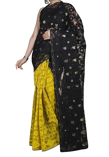 Buy Tamal Women S Silk Cotton Dhakai Jamdani Half Half Saree Black And Yellow At Amazon In