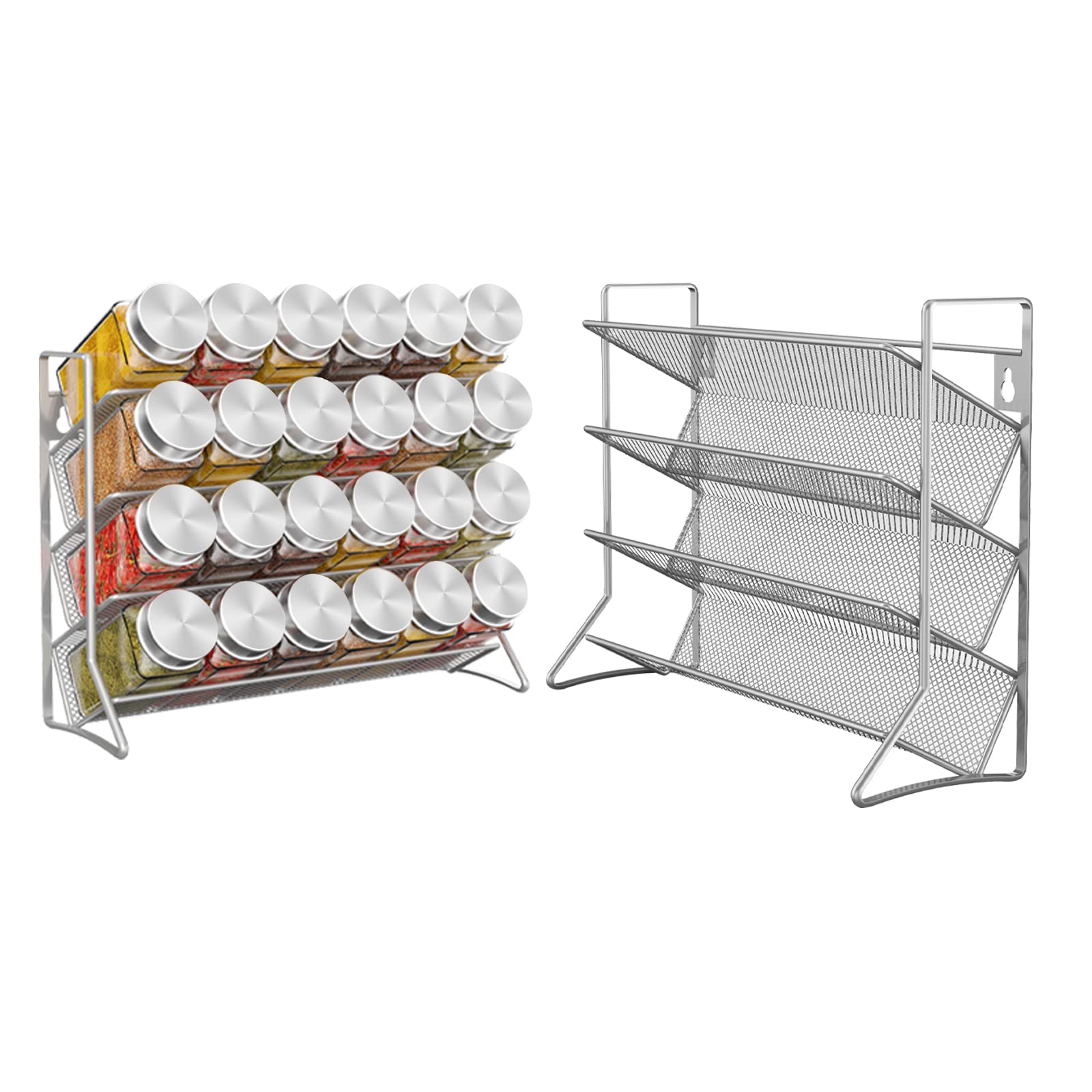 Mutool 3 Tier Spice rack Free standing Metal Kitchen Shelf herbs Spice Bottle Jars Storage Tidy Condiment holder for Countertop Cabinet, set of two, without jars (silver grey)