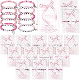 Zeyune 12 Sets Friendship Bracelets Pink Bow Party Favors Coquette Gifts for Women Friends Bestie Friendship Bracelets Pink Bow Gifts Inspirational Cards Bags