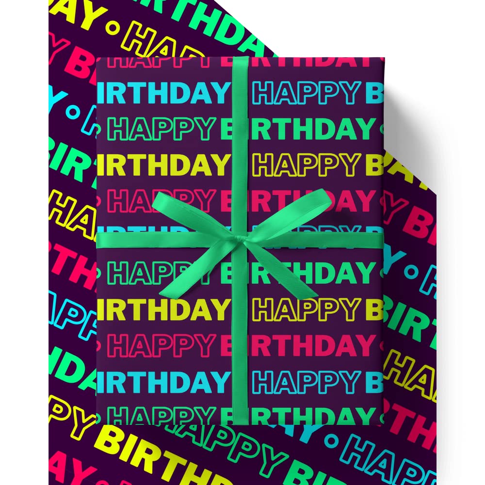 4 x Neon Birthday Wrapping Paper - HUGE 43% BIGGER [84cm x 60cm] Eco Friendly Premium Recyclable Gift Wrap for Men, Women, Boys or Girls (4 Sheets & 4 Tags)