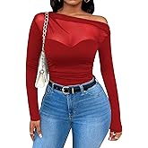 WDIRARA Women's One Shoulder Mesh Long Sleeve Tops Sexy Night Out Shirts