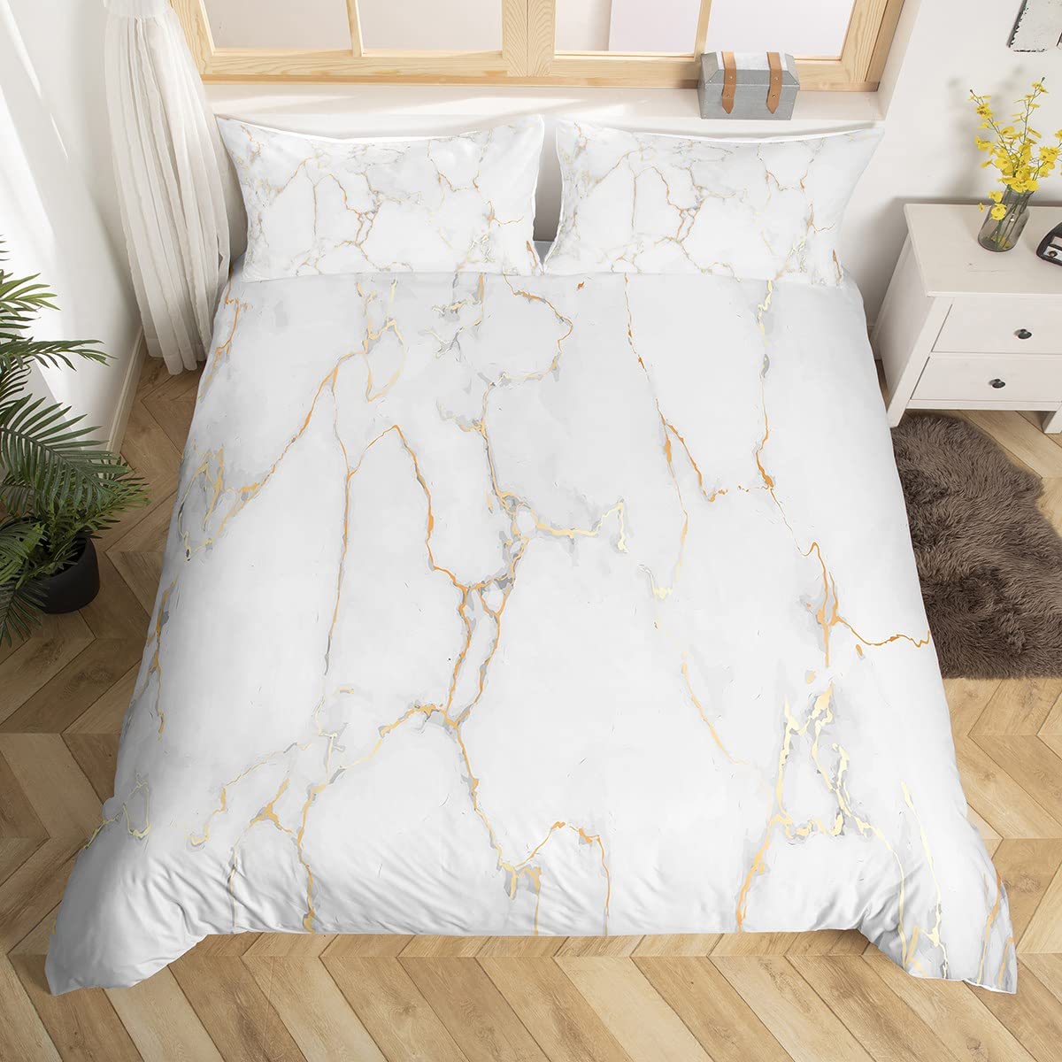 Loussiesd Gold Marble Bedding Duvet Cover Set Aesthetic Bedding Set Retro Watercolor Artwork Design Comforter Cover Set for Boys Abstract Bedspread Cover Double Size