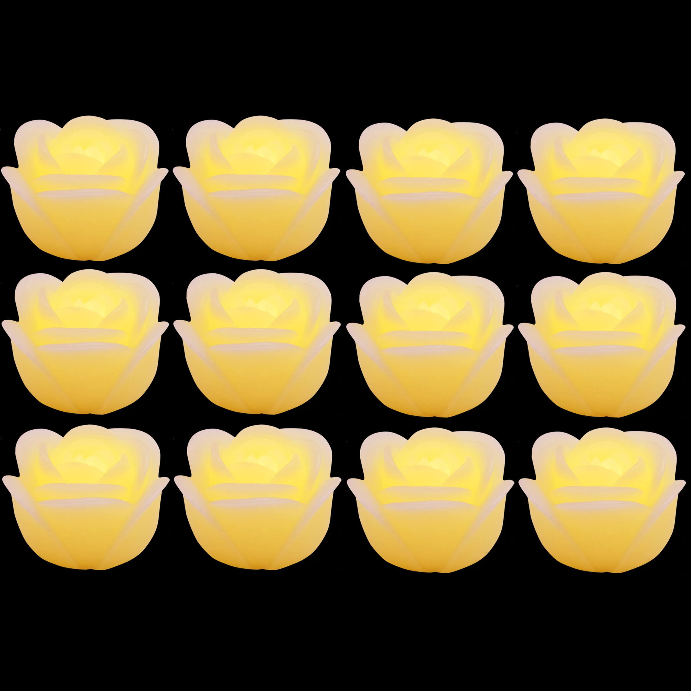 Photo 1 of Flameless LED Floating Candles - 2.5" Wax Rose with Flickering LED Battery Works 100+ Hours Waterproof Tealights for Cyliner Vases, Centerpieces at Weddings, Party, Pool, Holiday (12PACK, Warm White)