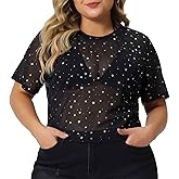 Agnes Orinda Plus Size Sexy Mesh Top for Women Glitter Silver Star Sheer See Through Short Sleeve Crop Tee Blouse