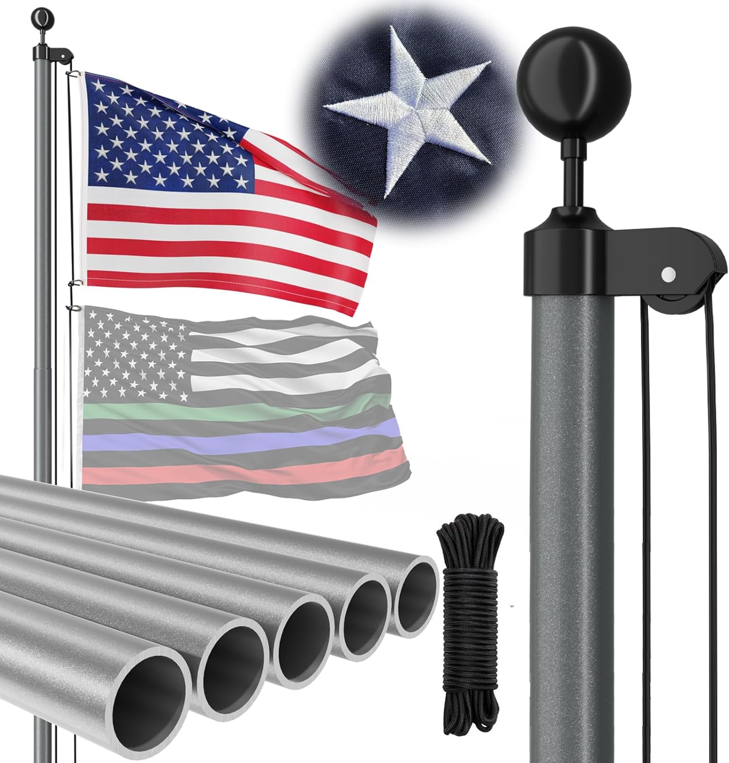 Flagpole Hardware - FFILY Flag Pole for Outside In Ground - 25 FT 13 Gauge Extra Thick Aluminum Flagpole Kit with Embroidered Stars 3x5 American Flag - Outdoor Flag Poles Flag for Yard, Residential or Commercial