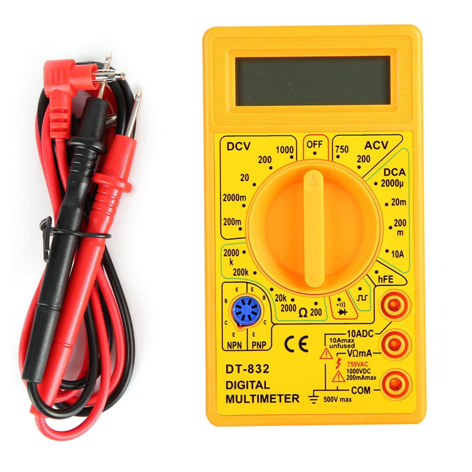 Handheld Multimeter, Plastic DT-832 Handheld Pocket Digital Multimeter AC/DC Voltage Current Resistance Tester with Buzzer for Automotive and Household Appliances(Yellow)