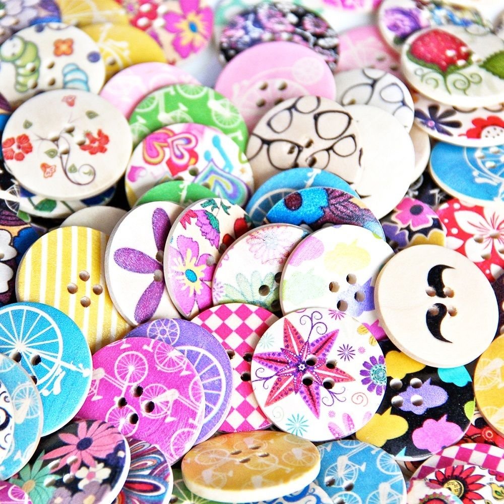 RayLineDo Pack Of 25pcs Designed Super Fantastic Round Shaped Painted 4 Hole Wooden Buttons 30mm*30mm