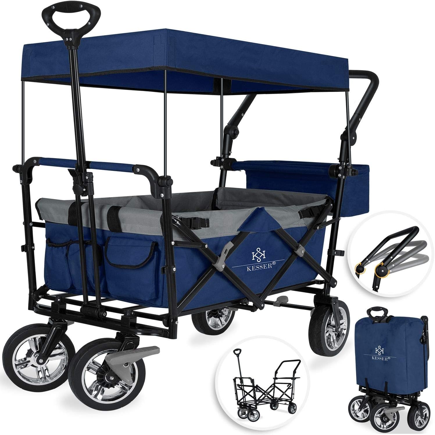 KESSER® Bollerwagen faltbar GT9000 mit Dach Handwagen Transportwagen | inkl. 2X 3-Punkt Gurtsystem| klappbar | Vollgummi-Reifen | bis 80 kg | Vorder- und Hinter-Bremse | + Tragetasche, Blau/Grau