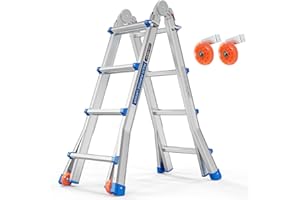 LUISLADDERS Ladder, A Frame 4 Step Ladder Telescoping Ladder, 17 Ft Reach Height Muti Position Folding Ladder Flared Leg & Wheels Design, 330 lbs Capacity Extension Ladder for Household Outdoor Work