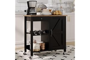 4 EVER WINNER Black Kitchen Island Cart with Storage, Farmhouse Rolling Portable Bar cart with Wine Rack,Small Islands Cart on Wheels for Kitchen,Dining Room