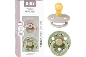 BIBS Studio Soother 2-Pack, BPA Free Dummy Pacifier, Round Nipple. Natural Rubber Latex, Made in Denmark, Size 1 (0-6 Months), Mushroom/Sage