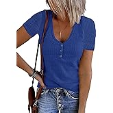 MEROKEETY Women's 2026 Summer Short Sleeve Tops Casual V Neck T Shirts Ribbed Knit Henley Button Basic Blouse