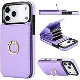 Folosu Compatible with iPhone 17 Pro Max Case Wallet with Card Holder, 360°Rotation Finger Ring Holder Kickstand, RFID Blocking Leather Protective Double Buttons Shockproof Cover 6.9 Inch Purple
