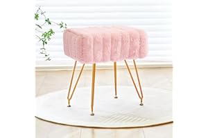 ALeesing Rectangular Vanity Stool, Faux Fur Makeup Vanity Chair with Golden Metal Legs & Adjustable Feet, Soft Padded Seat Ottoman Foot Stool for Bedroom, Living Room