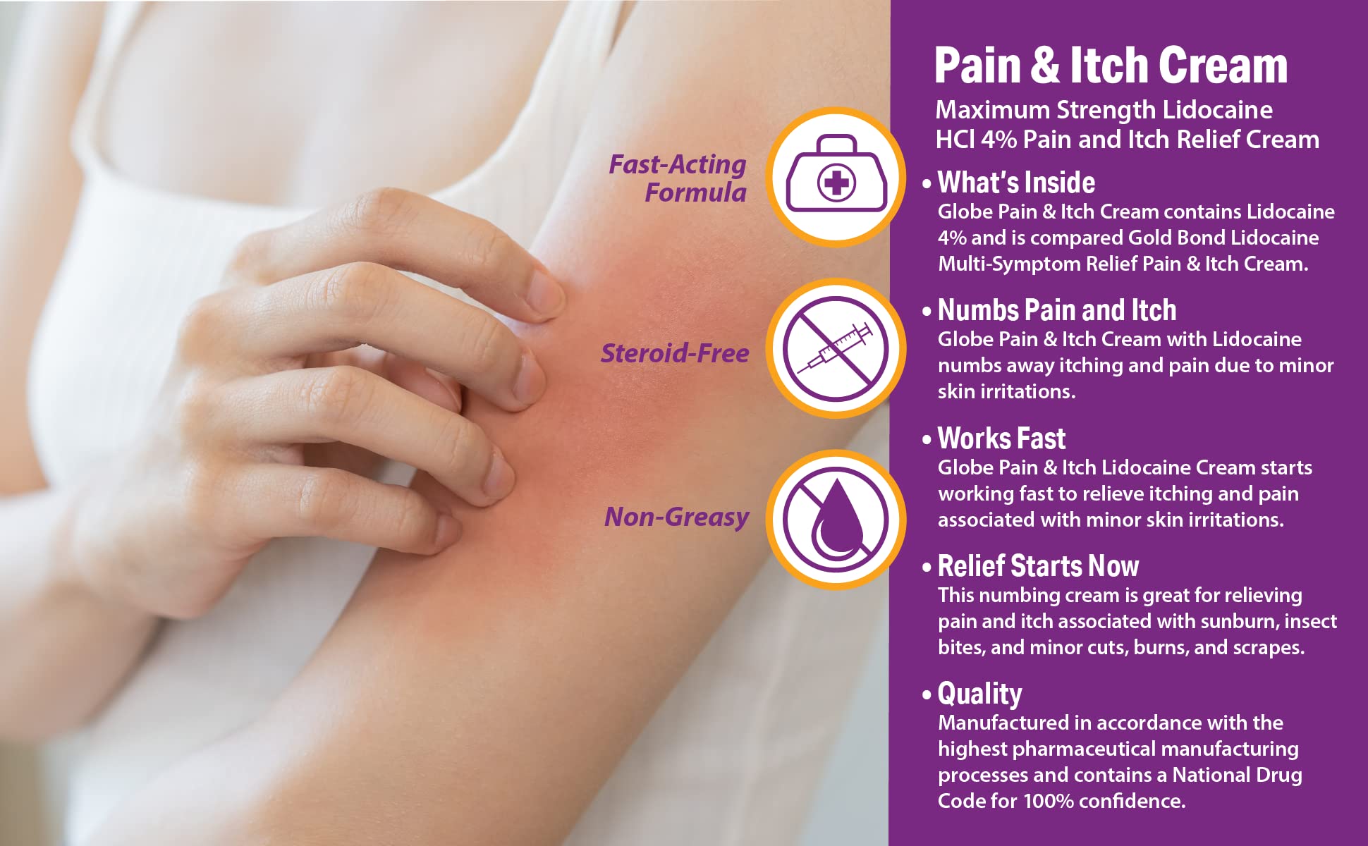 Globe Lidocaine 4% Multi-Symptom Relief Cream 1.75 oz, Numbs Away Pain & Itch, Steroid Free Non-Greasy Formula (Compare to Gold Bond w/Lidocaine)