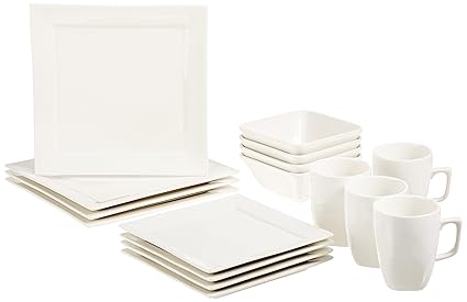 AmazonBasics 16-Piece Premium Dinnerware Set, Square Classic White