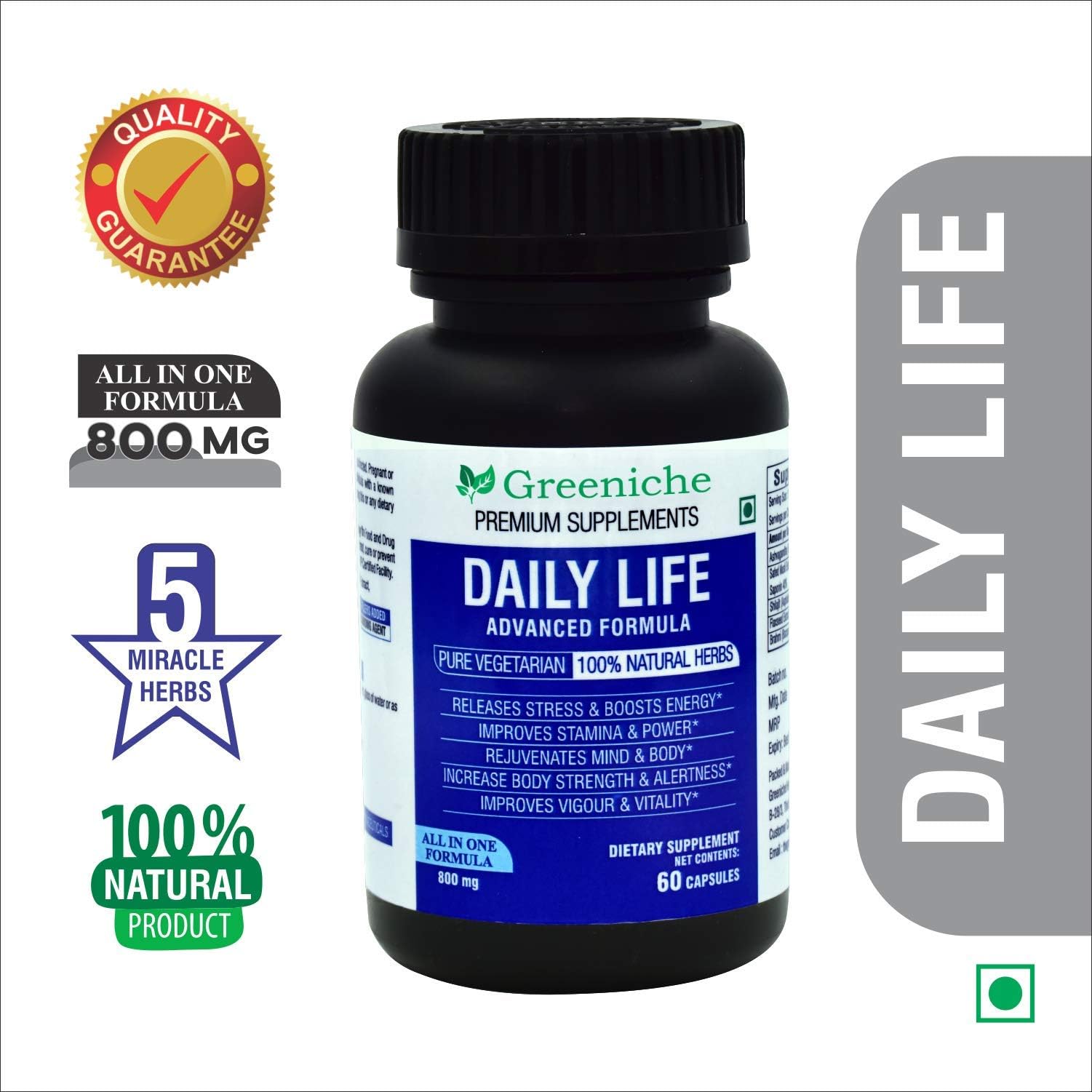 Greeniche™ Daily life 100% Natural & Organic Combination Of Ashwagandha, Safed Musli, Shilajit, Flaxseed And Brahmi Extract - 60 Veg Capsules (LIMITED OFFER)