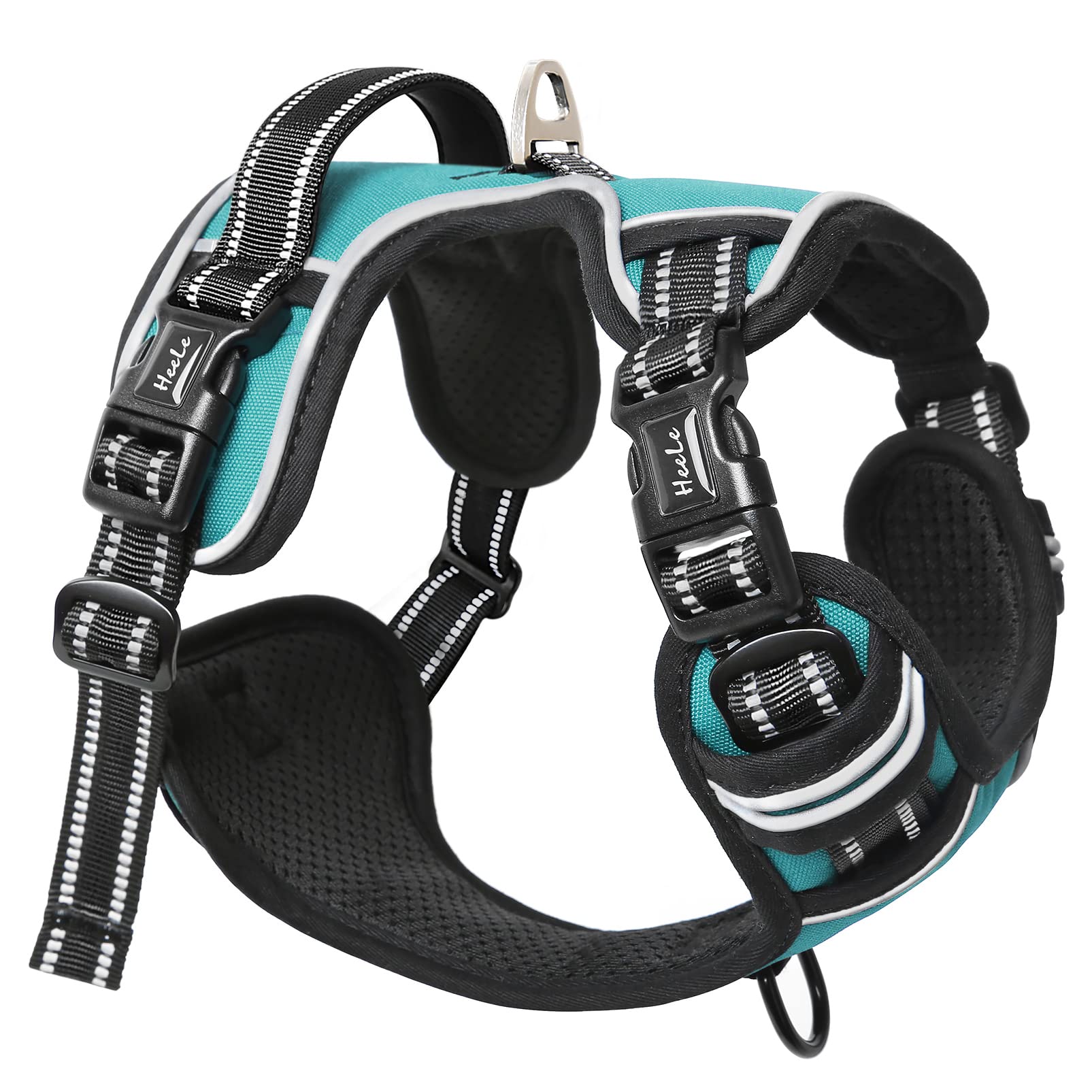 HEELE Dog Harness No Pull Large Release on Neck Front Back Clips Dog Vest Harness Reflective Adjustable Padded Easy Control Handle for Outdoor Walking Training, Turquoise, L