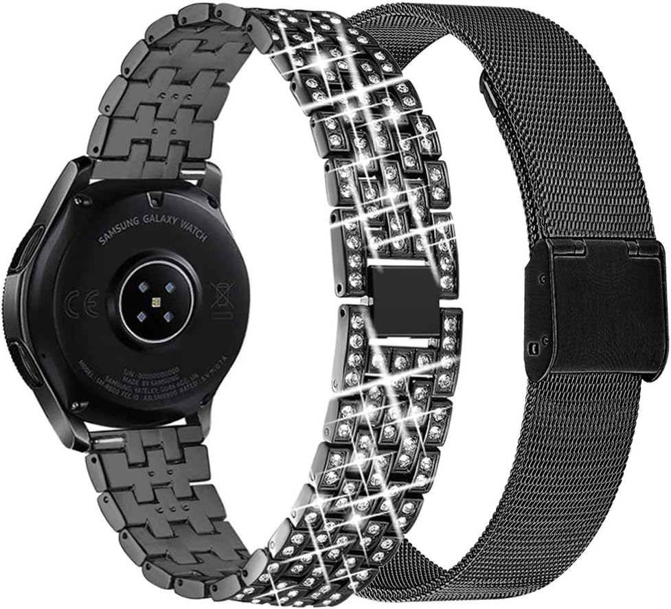 WINOW Compatible Galaxy Watch 3/Galaxy 42mm Band Women, 20mm Stainless Steel Jewelry Bling Wrist Bands Diamond Bracelet Metal Strap Replacement for Samsung Galaxy Watch 42mm/Active 40mm/Active 2(Black)