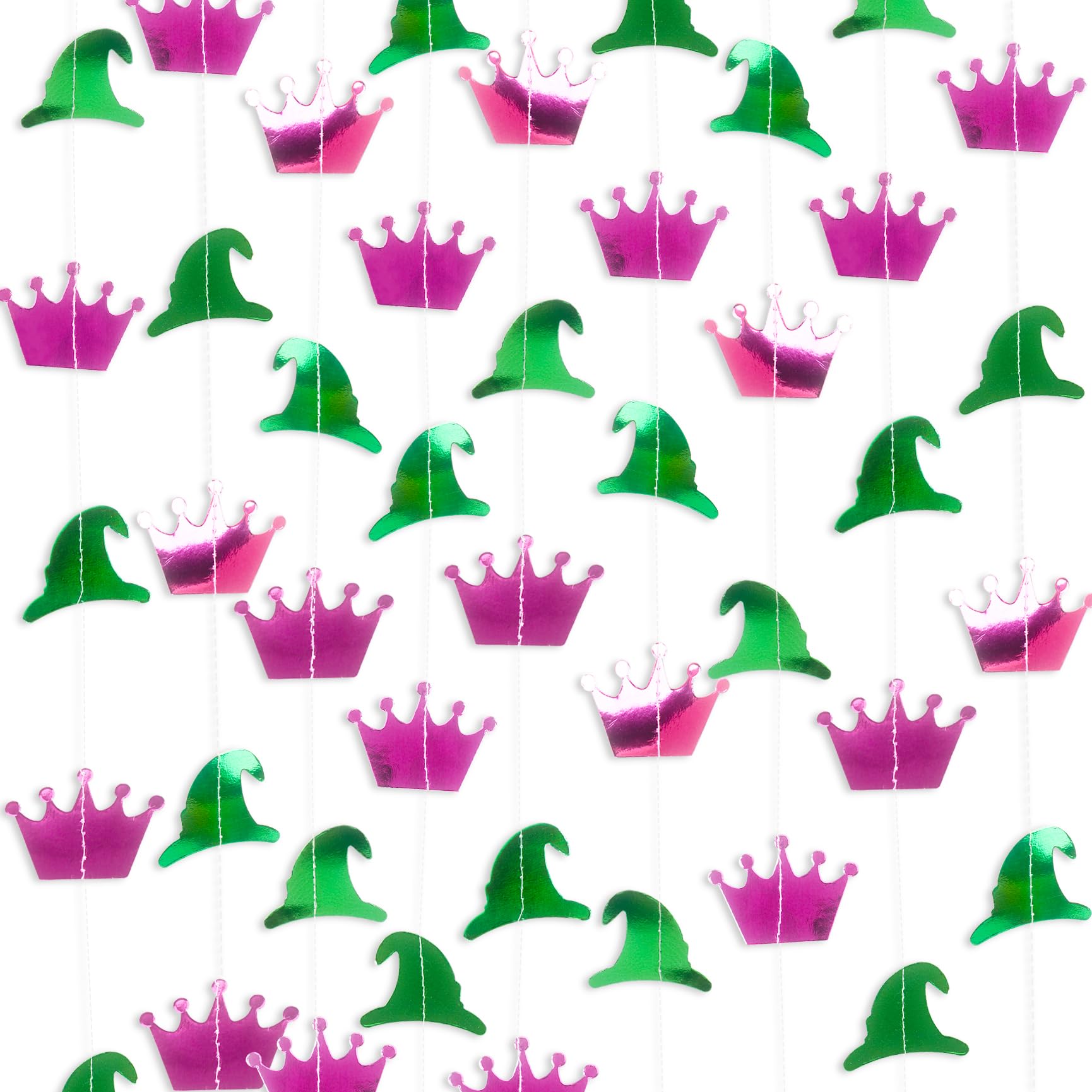 Green and Pink Wicked Party Decorations, 39.4Ft Glitter Witch Hat Crown Foil Streamers Backdrop Garland Photo Booth Props for Wicked Birthday Party Decorations