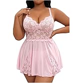 WDIRARA Women's Plus Size Floral Lace Lingerie Set Mesh Babydoll Chemise with Thong 2 Piece Lingerie