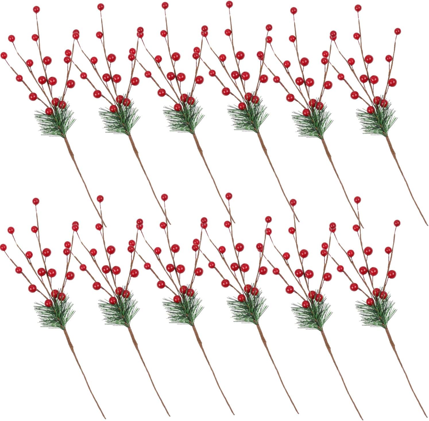 Homcomoda 12pcs Artificial Pine Picks Artificial Berry Stems Pine Needles Red Berries for Christmas Flower Arrangements Wreaths Holiday Decorations