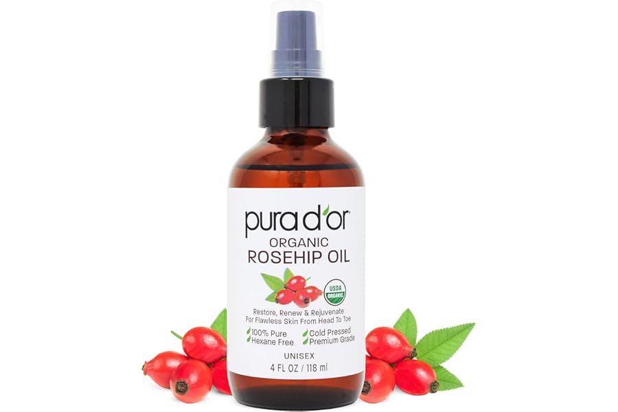 PURA D’OR 4 Oz ORGANIC Rosehip Seed Oil – 100% Pure Cold Pressed USDA Certified Anti-Aging Treatment – Vitamin A & C Rich – Helps Fade Appearance of Scars & Stretch Marks – For Face, Hair & Body
