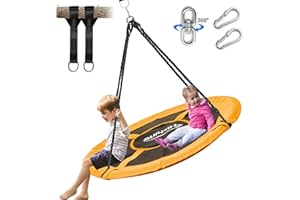 Hishine 43" Saucer Tree Swing for Kids, 360° Rotate Waterproof Flying Saucer Swing with Swivel, Hanging Straps, Adjustable Ropes, Round Mat Spinner Swing for Tree/Swing Set (Orange)