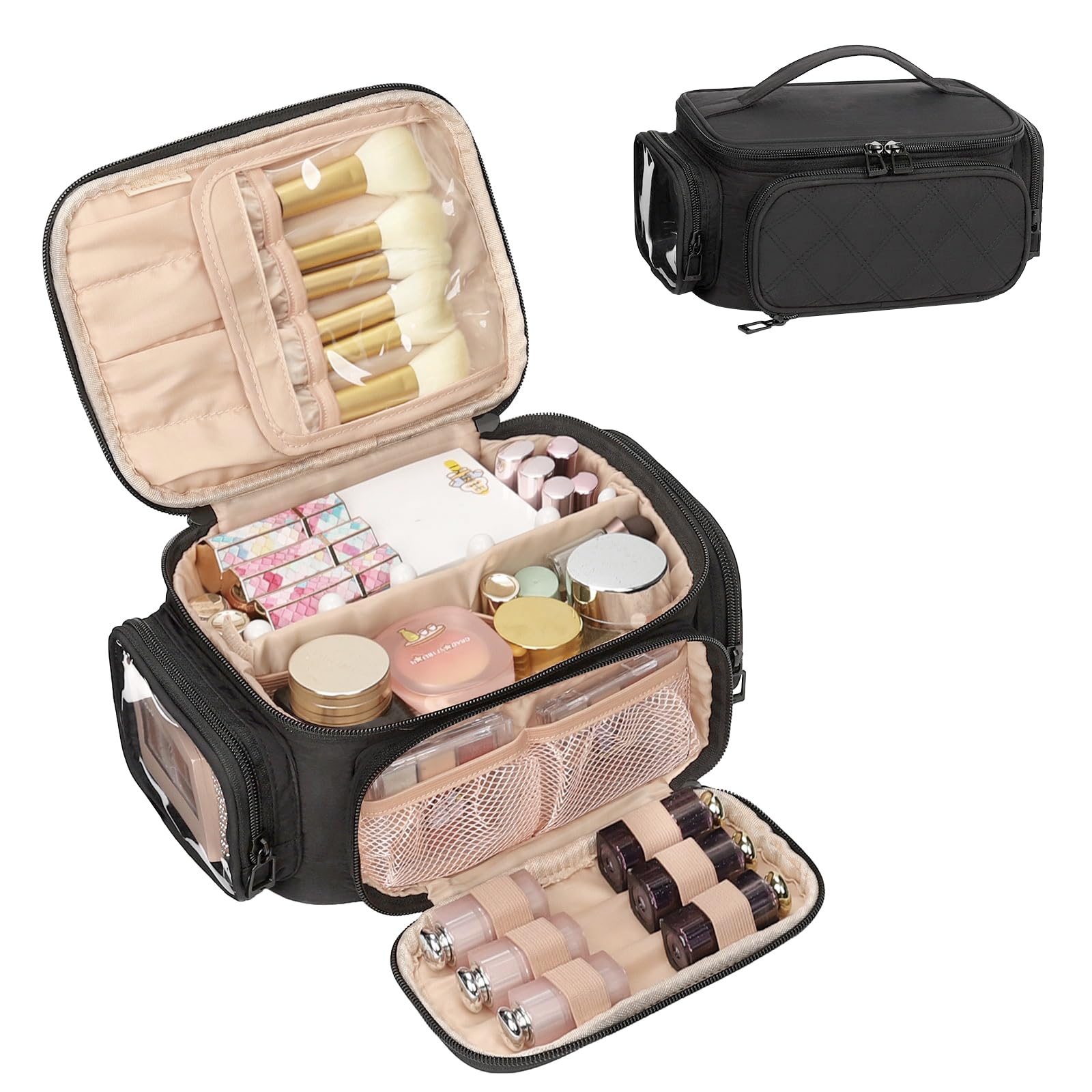 Photo 1 of OCHEAL Makeup Bag,Travel Makeup Organizer Bag for Women with Zipper Pouch and Side Pocket, Multifunctional Compartments and Dividers,Toiletry Make up Case for Toiletries, Brushes & Beauty Tools-Black