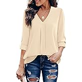 Youtalia Women's Blouses and Tops Dressy, Ladies Work Shirts for Women Office Cuffed Sleeve Chiffon Blouse Elegant V Neck Top Pleated Blouses Tunic Shirts for Women for Leggings Beige Small