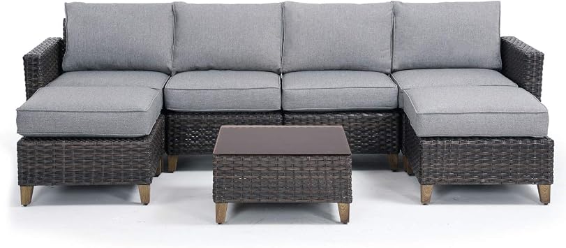 Amazon Com Grand Patio Outdoor Patio Conversation Set 7 Pcs Outdoor Furniture Set Sectional Sofa All Weather Rattan Brown Backyard Garden Washable Light Gray Outdoor Cushions Glass Rattan Patio Coffee Table