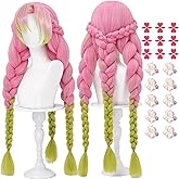 Nqmstar Pink Green Braid Wig for Mitsuri Cosplay + 10 Flower Clips Tattoos, Long Pigtails Hair Wig + Cap for Halloween Costume