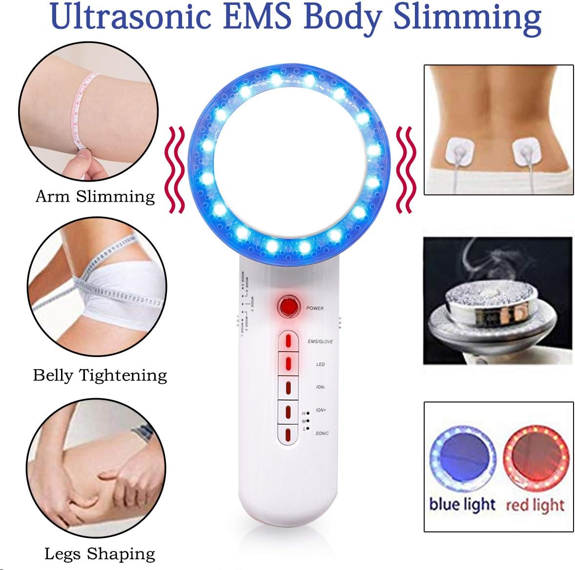 Ultrasonic Red Light Therapy Beauty Machine, Cellulite Fat Removal Belly Weight Loss Ultrasonic EMS LED ION Firming Shaping Device (White)