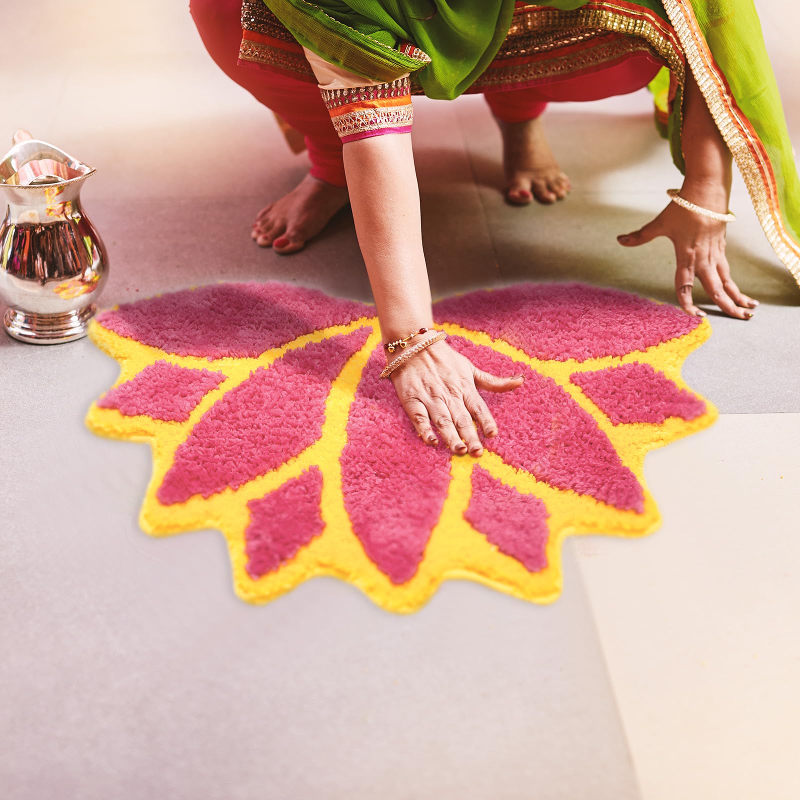 Photo 1 of Drydiet 24in Diwali Decorations for Home Floral Rangoli Mat Indian Diwali Lotus Decor Pooja Floral Housewarming Floor Decor Rangoli Mat for Indian Traditional Pooja Festival New Year Entrance Gift