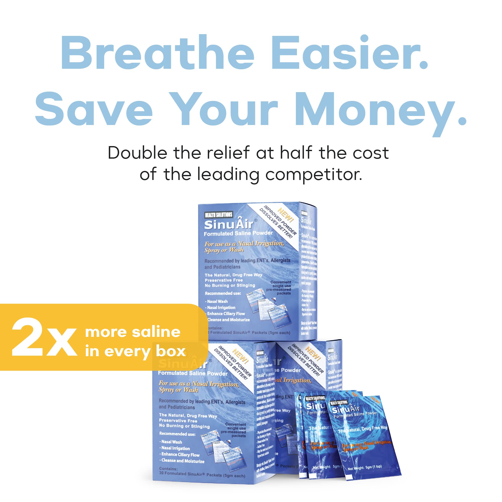 SinuAir Saline Packets for Sinus Rinse - Premixed Salt Solution Powder for SinuPulse Elite System, Neti Pot, Nose Wash Bottle & Nasal Irrigation, 90 Packets