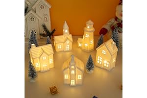 Luxstyra 11 Pcs White Ceramic Christmas Village Houses, Light Up Christmas Village Sets with Timer,Porcelain Xmas Town Village Sets,Ceramic Houses and Villages for Xmas Figurines Home Decor