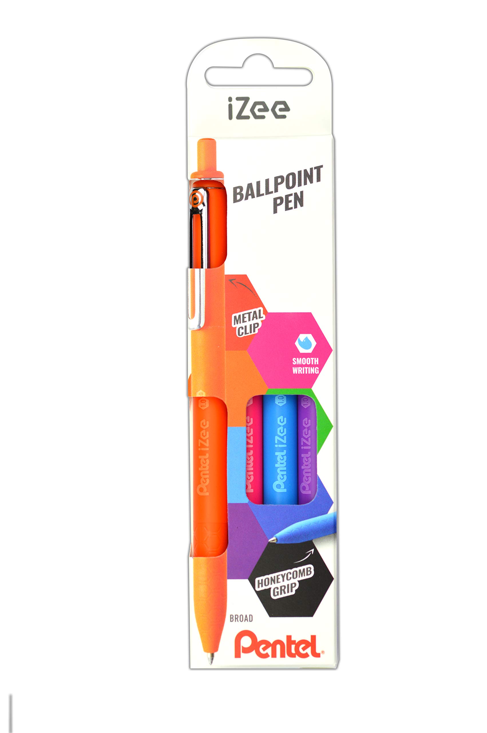 Pentel IZee BX470-4COL Ballpoint Pens Push Mechanism Metal Clip 0.5 mm Line Width Orange/Light Blue/Pink/Purple Set of 4