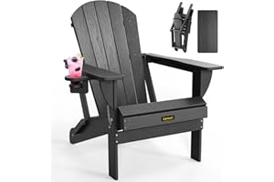 Carauci Plastic HDPE Adirondack Chair, Folding Adirondack Chair Weather Resistant with Cup Holder, Wooden Textured Fire Pit Outdoor Chair for Garden, Porch, Lawn, Backyard, Supports 380LBS, Black